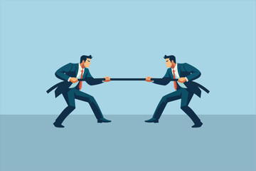 Two businessmen in suits and red ties competing in a tug of war, symbolizing business conflict, rivalry, or competition. Flat vector illustration with a clean, modern style and minimal background.