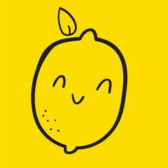 Lemon. Cute character. Outline design. Hand drawn illustration on yellow background.