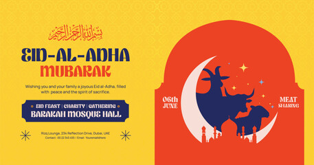 Eid Al-Adha Mubarak Celebration Banner with Sacrificial Animals and Crescent