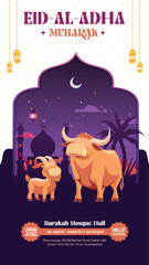 Eid Al-Adha Mubarak Celebration Story Design with Sacrificial Animals and Mosque
