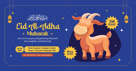 Eid Al-Adha Mubarak Banner with Cartoon Goat and Islamic Elements