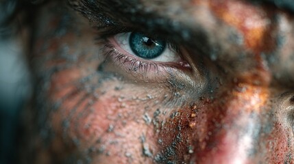 Naklejka premium Intense gaze of a soldier covered in dirt reflecting determination and resilience during a challenging training exercise in rugged terrain at the break of dawn