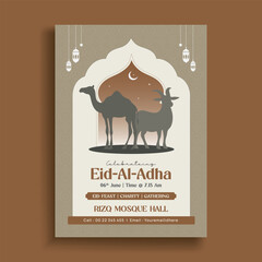 Eid Al-Adha Celebration Flyer with Camel and Goat Silhouettes