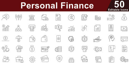 Personal Finance Icon Set - 50 Editable Money Management Icons for Banking, Investment and Budget Planning Vector Collection