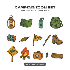 Camping Icon Set with Backpack, Map, Campfire and Outdoor Gear