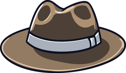 Illustrated cartoon fedora hat in brown with silver band for design elements.
