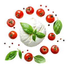 Burrata Cheese with Cherry Tomatoes, Basil and Peppercorns – Italian Ingredients  isolated on transparent or white background	
 
