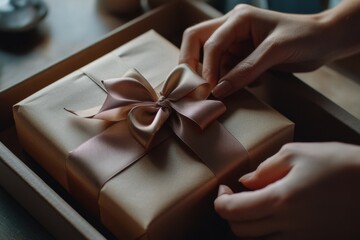 Gift packing hands in a cozy home setting closeup on a wrapped present celebratory environment heartwarming concept