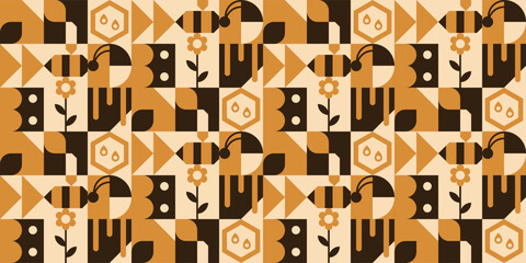 Geometric seamless pattern with bees, flowers, etc.