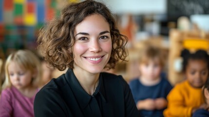 Obraz premium The image features a smiling woman standing among children, posing within an indoor setting that suggests a classroom environment.