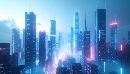 Futuristic neon-lit skyscraper cityscape representing cyberpunk, urban development, and technological utopia concepts