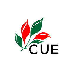CUE Minimalist Nature Logo with Red and Green, Leaf Design CUE Later Logo on White Background
