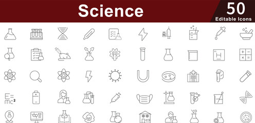 Science Laboratory Icon Set - 50 Editable Research Equipment Icons for Chemistry, Biology and Scientific Study Vector Collection