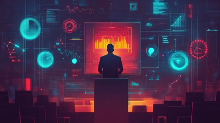 Fototapeta premium Person watching large digital interface with red and blue graphs and holograms.