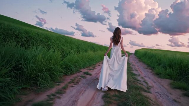 A beautiful woman in a white dress tanding on a path towards the clouds