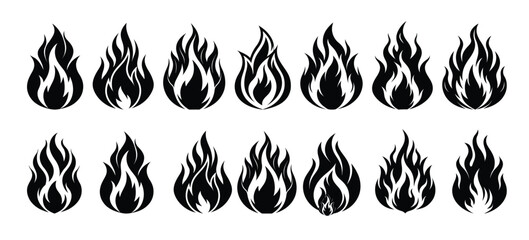 Collection of 16 Fiery Flame Icons Black and White Fire Symbols for Design Projects