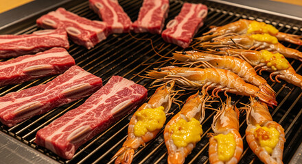 A grilled beef steaks and shrimps on the grill.
