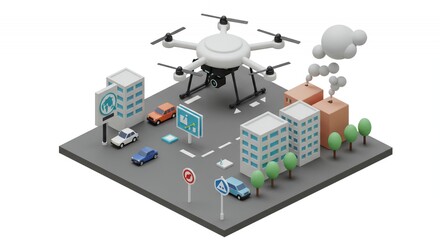 Isometric Cityscape with Hovering White Drone Featuring Pixelated Buildings and Cars in a Stylized Digital Animation