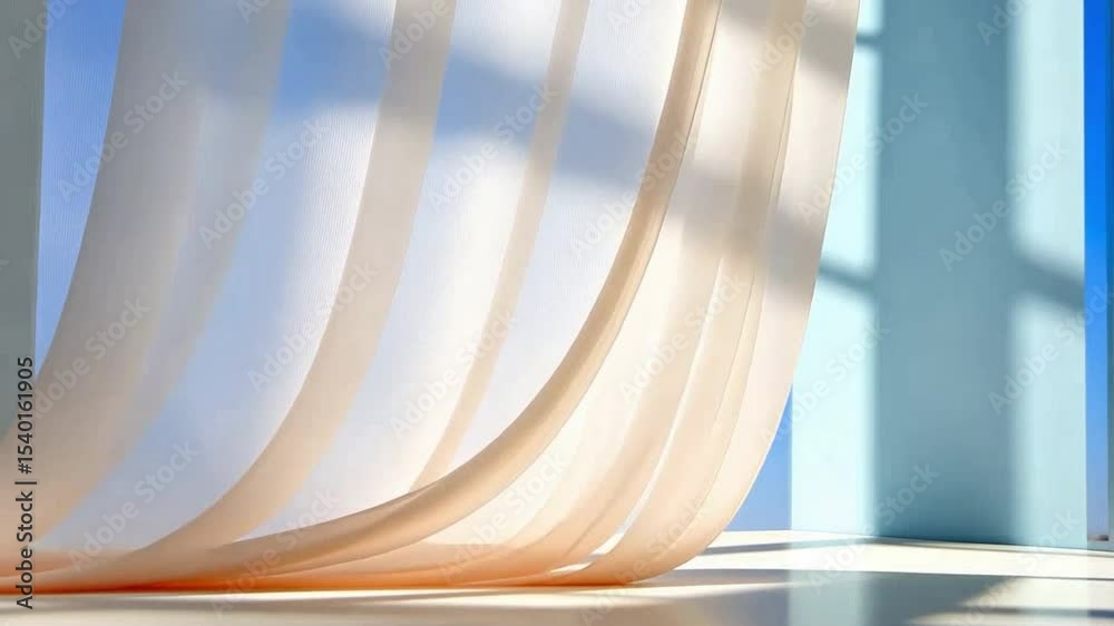 Poster dancing curtains in sunshine: transparent, flowing curtains gracefully dance in a sunlit room, casti