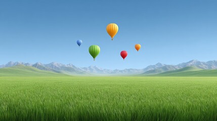 Fototapeta premium Colorful Hot Air Balloons Floating Over a Green Meadow Landscape