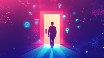 Silhouette entering glowing portal door with digital symbols around