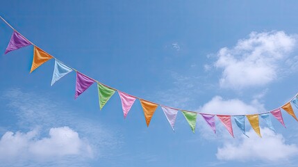 Colorful Bunting Flags Against a Bright Blue Sky with Clouds