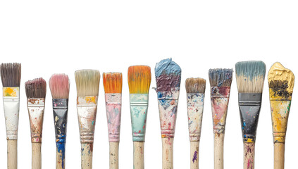 Row of used paintbrushes, various colors