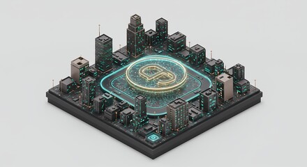 Isometric Futuristic Cityscape with Pixelated Dark Buildings and Glowing Blue Orange Lights