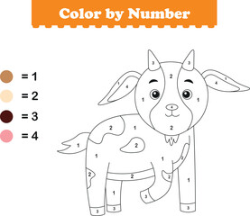 Color by numbers. Coloring page for kids. Coloring with cute goat. Vector illustration