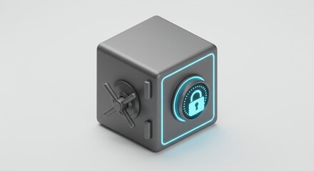 Isometric Gray Safe with Blue Neon Outline and Padlock Symbol in 3D Render