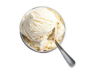 Creamy vanilla ice cream scoop in glass bowl with spoon