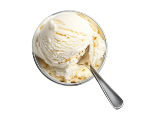 Creamy vanilla ice cream scoop in glass bowl with spoon