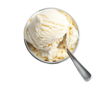 Creamy vanilla ice cream scoop in glass bowl with spoon