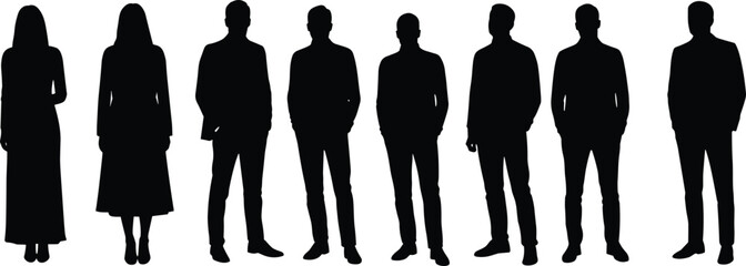 Silhouette group of men and women standing, formal business attire, full-length outline, professional people, vector illustration, isolated black figures,
