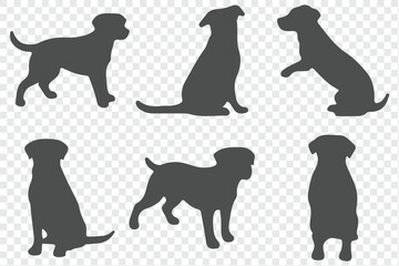 Happy playful wild dog silhouette. Standing, running and hunting dog icon or symbol.