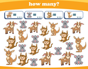 Counting game of wild animals for preschool kids. Printable. Vector Illustration
