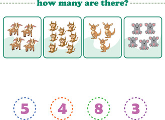 Counting game of wild animals for preschool kids. Printable. Vector Illustration