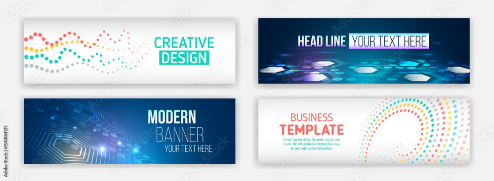 Poster collection of colorful and modern web banners featuring abstract dots, tech elements, and futuristic