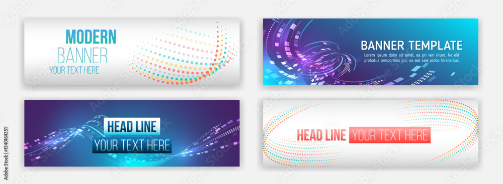 Poster a modern set of abstract banners with colorful dots, digital waves, and tech-inspired designs. ideal