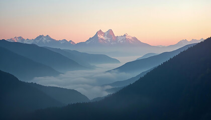 Mountain range at sunrise with valley fog