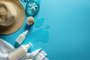 Pixel Perfect Image of Blue Surface with Towel,Hat and Lotions