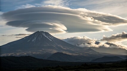 Majestic volcanic landscape with lenticular clouds at sunset