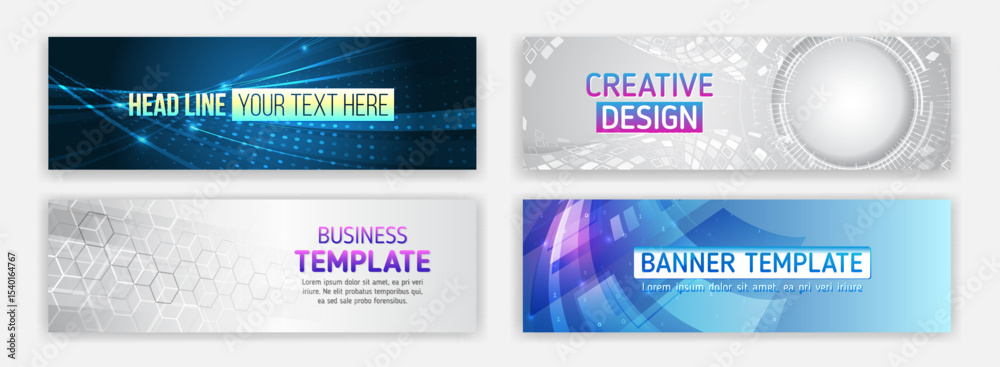 Poster a set of futuristic banners with abstract backgrounds, lines, dots, hexagons and digital elements. i