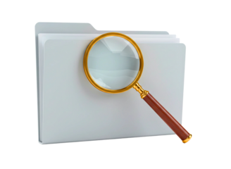 Yellow file folder with magnifying glass isolated on transparent background