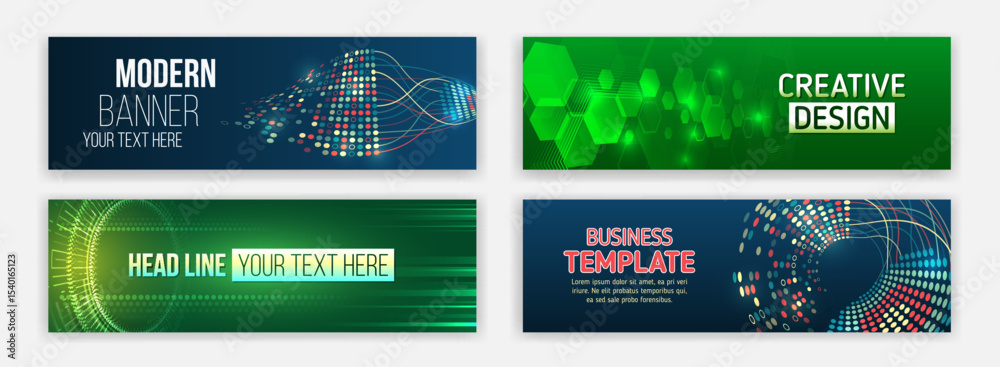 Poster a set of futuristic banners in high-tech style, with lines and hexagonal shapes in a blue-green pale
