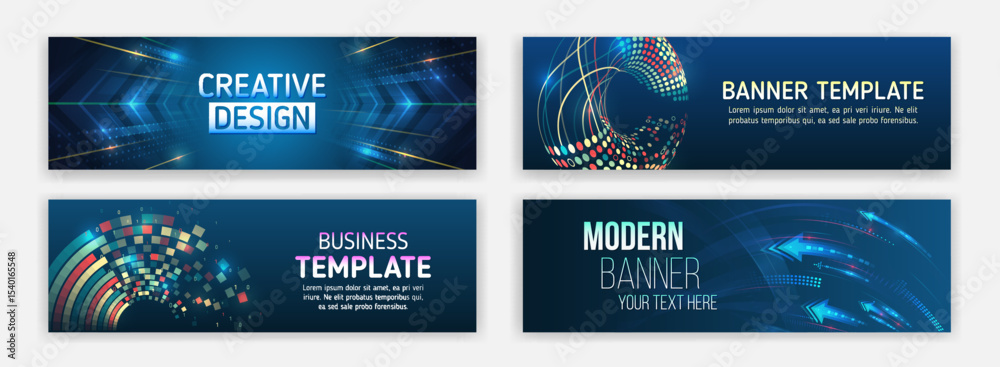 Aufkleber a set of modern banners with digital and futuristic elements. abstract shapes, arrows, light effects