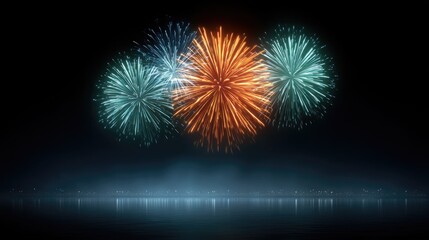 Fototapeta premium Vibrant Fireworks Display Over Calm Water at Night Sky