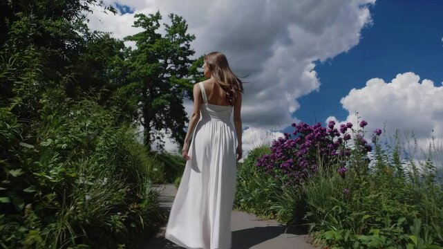 A beautiful woman in a white dress tanding on a path towards the clouds