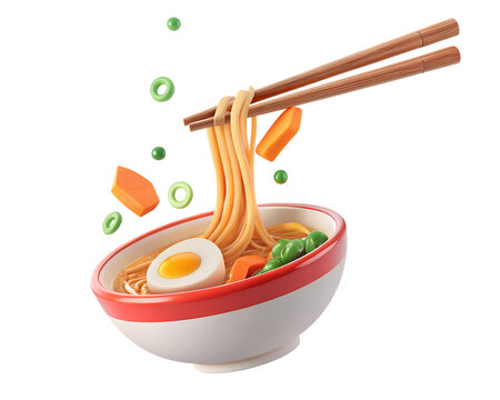 3D Asian food. Bowl of traditional noodle soup with eggs, salmon and green isolated on white backdrop. Noodles hanging on chopsticks. Ramen, udon, soba, tom yum soup. 3d render illustration
