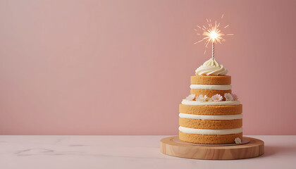Two Tiered Vanilla Cake Pink Background Sparklers twotiered